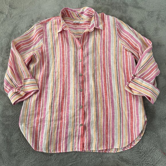 Chico's 100% Linen Striped Button Up Blouse Shirt Women's 1.5 US 10 - Picture 1 of 6